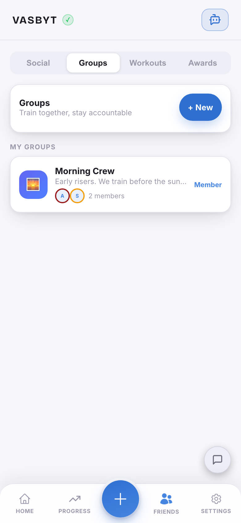The Groups tab in the hub: a Groups header reading train together, stay accountable with a New button, and a Morning Crew group card with two members.