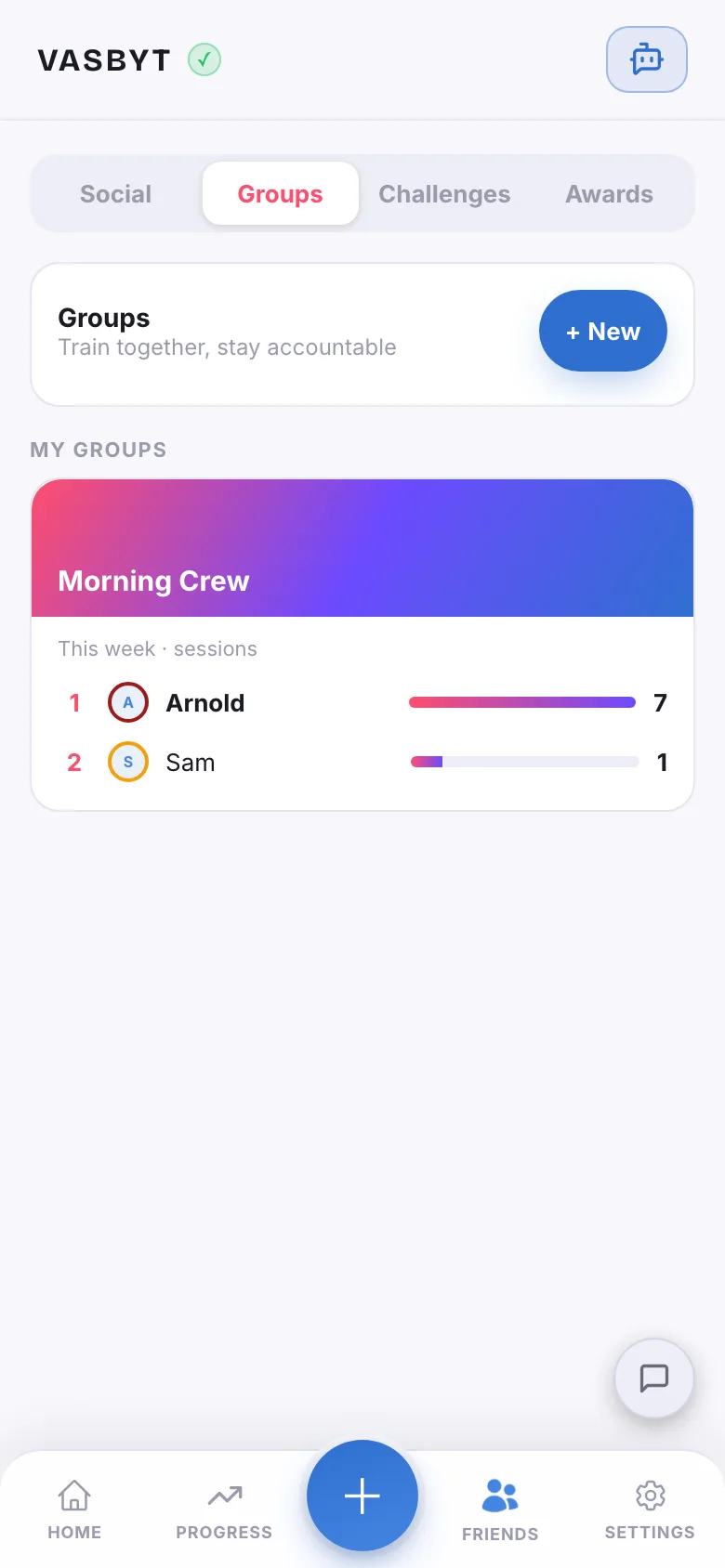 The Groups tab in the hub: a Groups header reading train together, stay accountable with a New button, and a Morning Crew group card with two members.