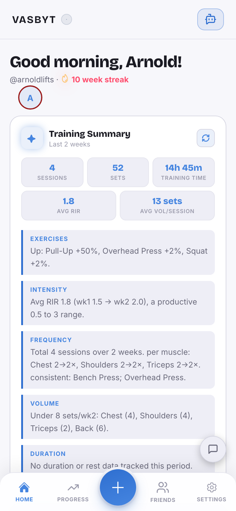 Vasbyt home screen on the default theme showing today's workout, streak, weekly sets, and training summary.