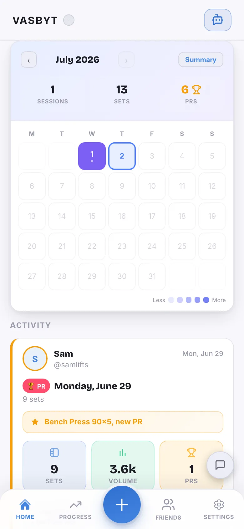 The Vasbyt home screen on the default theme: a month calendar marking the days you trained, with session, set, and PR counts for the month, and a feed of your friends' recent workouts below.
