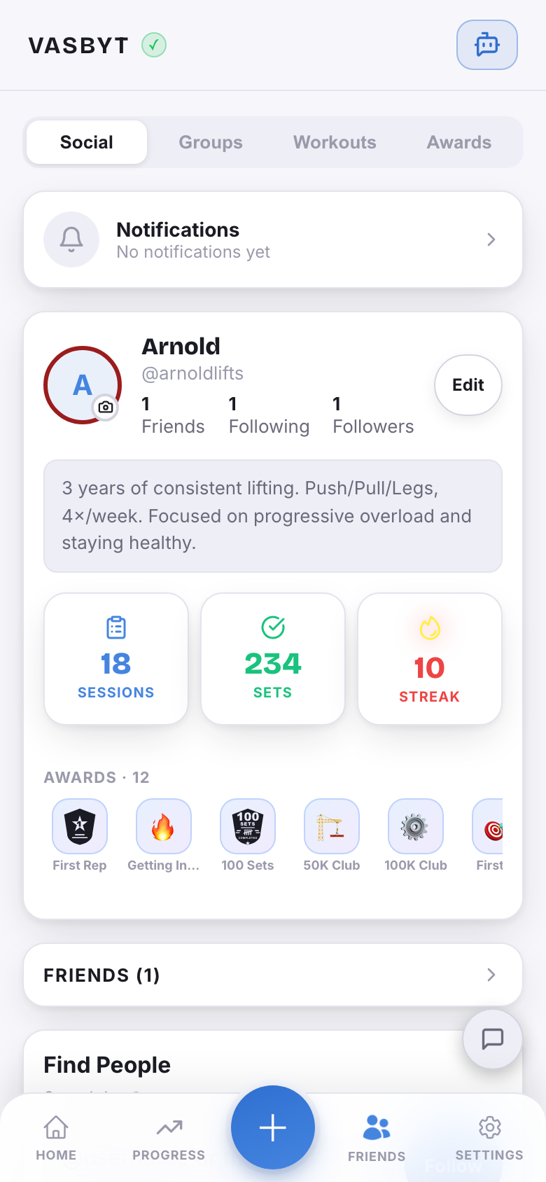 The social hub: Arnold's profile with a written bio, friend and follower counts, 18 sessions, 234 sets, a 10 week streak, a row of earned awards, and a find-people search.