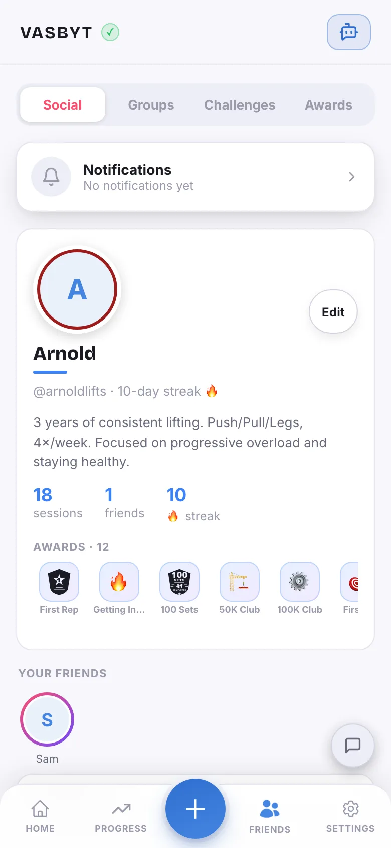 The social hub with Social, Groups, Challenges, and Awards tabs: Arnold's profile with a written bio, 18 sessions, 1 friend, a 10 day streak, a row of earned awards, and a list of friends below.