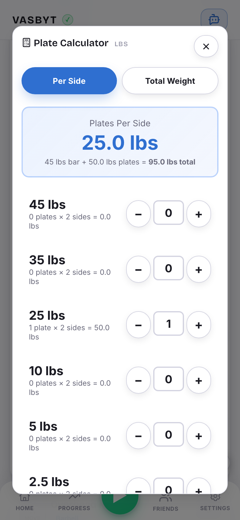 The plate calculator showing 25 pounds per side for a 95 pound total, with counts for each plate size.