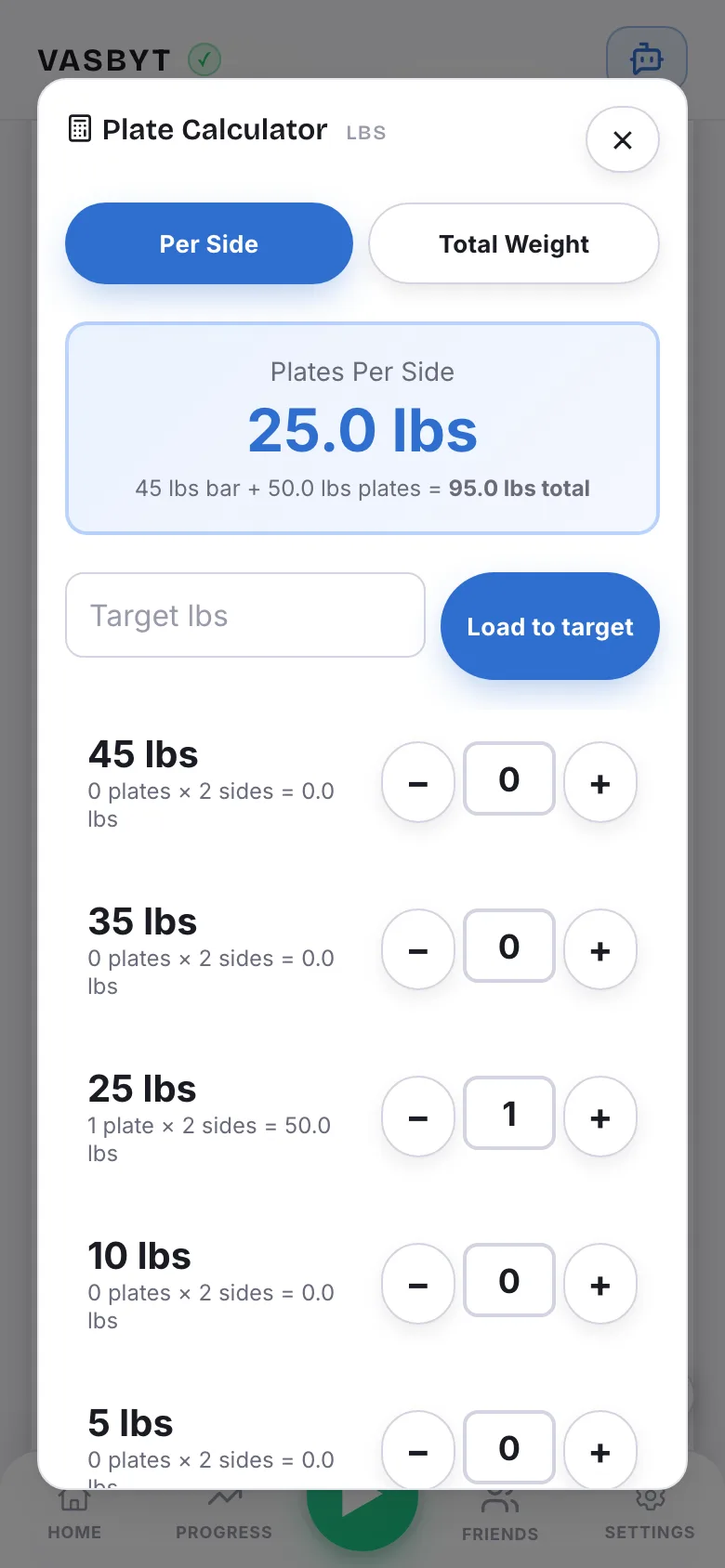 The plate calculator showing 25 pounds per side for a 95 pound total, with counts for each plate size.