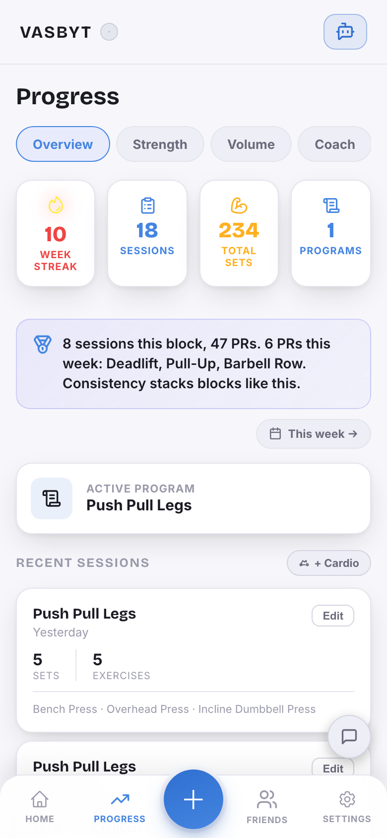 The progress page: a 10 week streak, 18 sessions, 234 total sets, a PR summary for the block, the active program, and recent sessions.