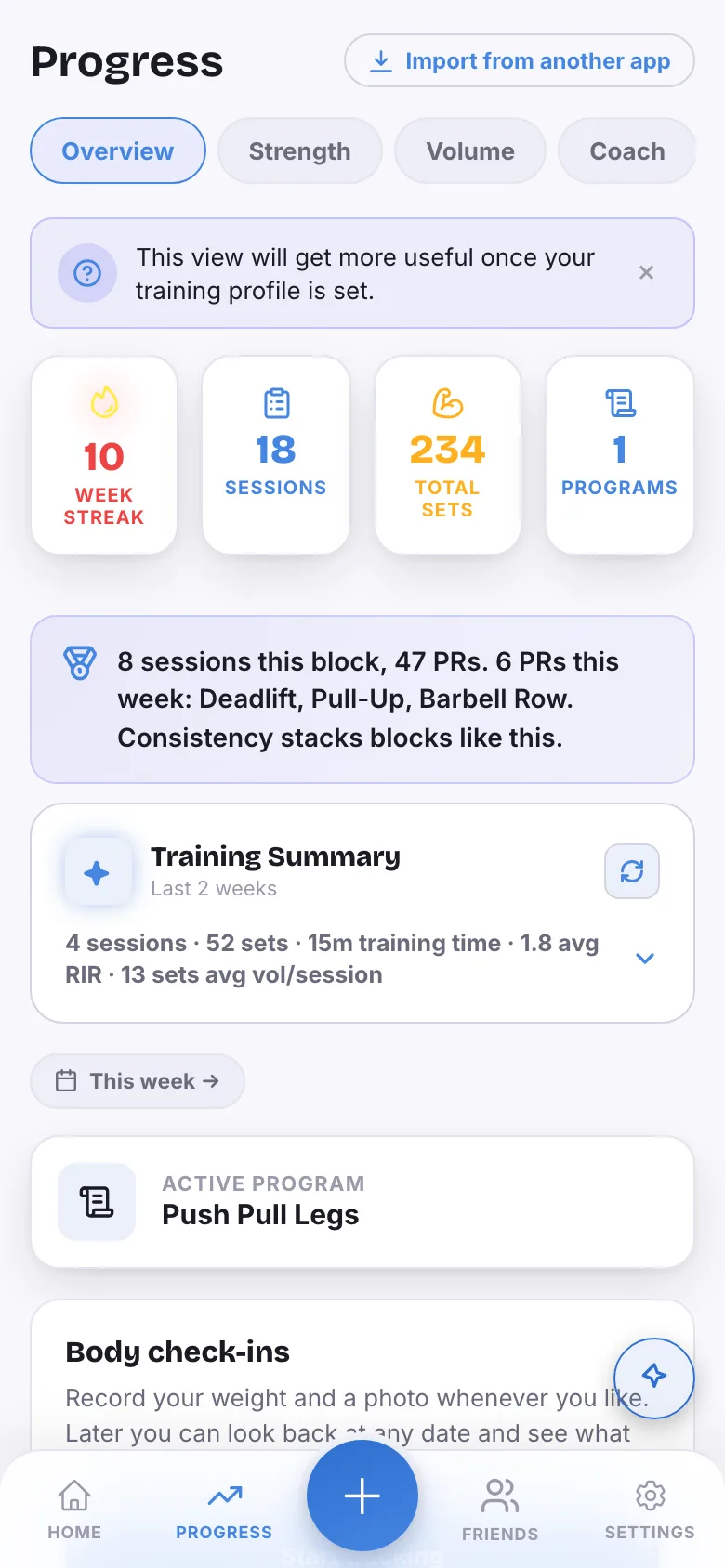 The progress page Training Summary for the last two weeks: sessions, sets, training time, average reps in reserve, and average volume per session, with plain written reads on exercises, intensity, frequency, and volume.