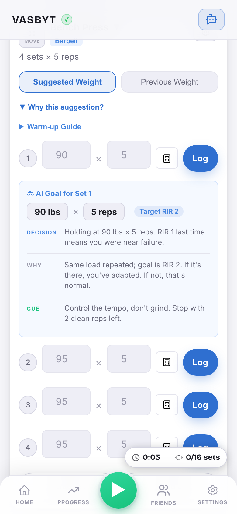 An expanded exercise card with an AI goal for set one: 90 pounds for 5 reps at target RIR 2, with the decision, the reasoning, and a cue.