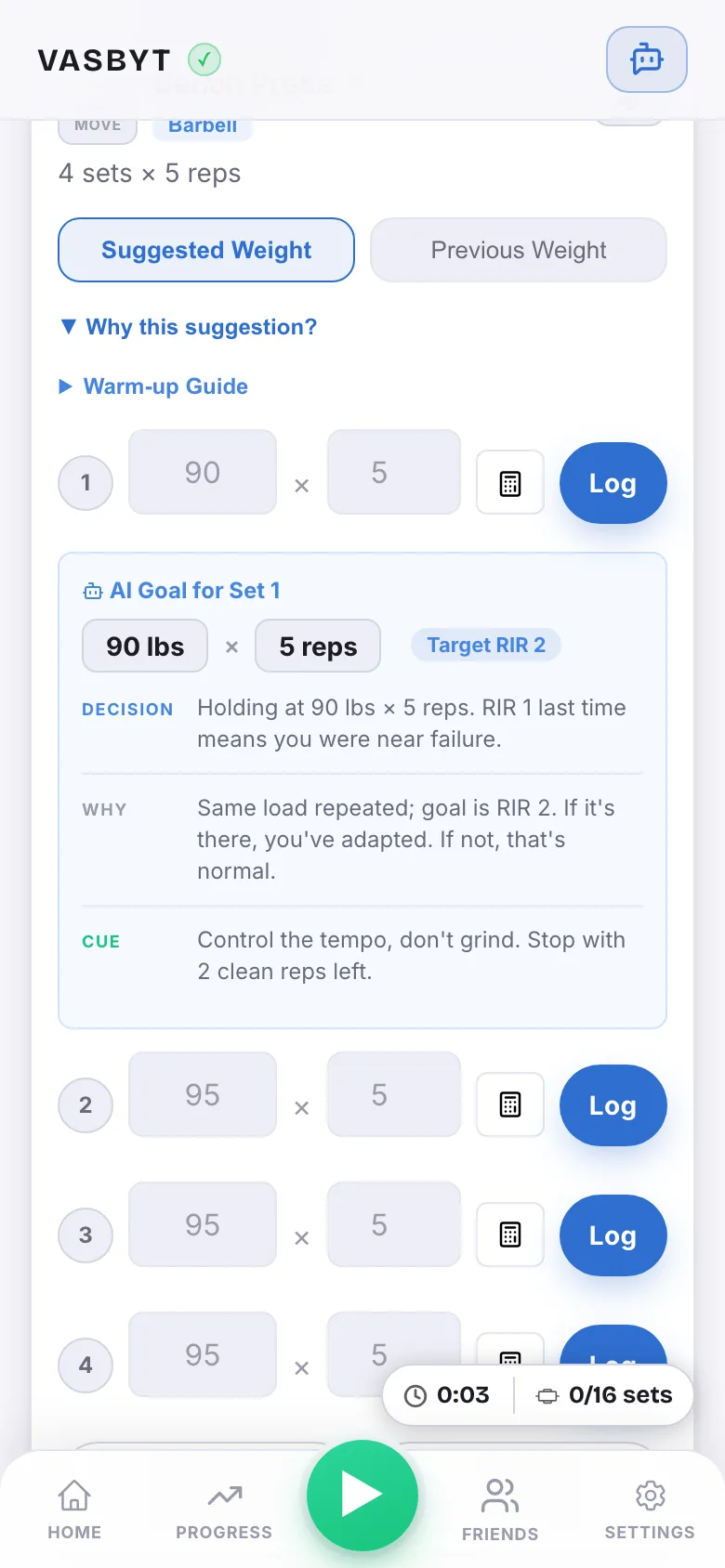 An expanded exercise card with an AI goal for set one: 90 pounds for 5 reps at target RIR 2, with the decision, the reasoning, and a cue.